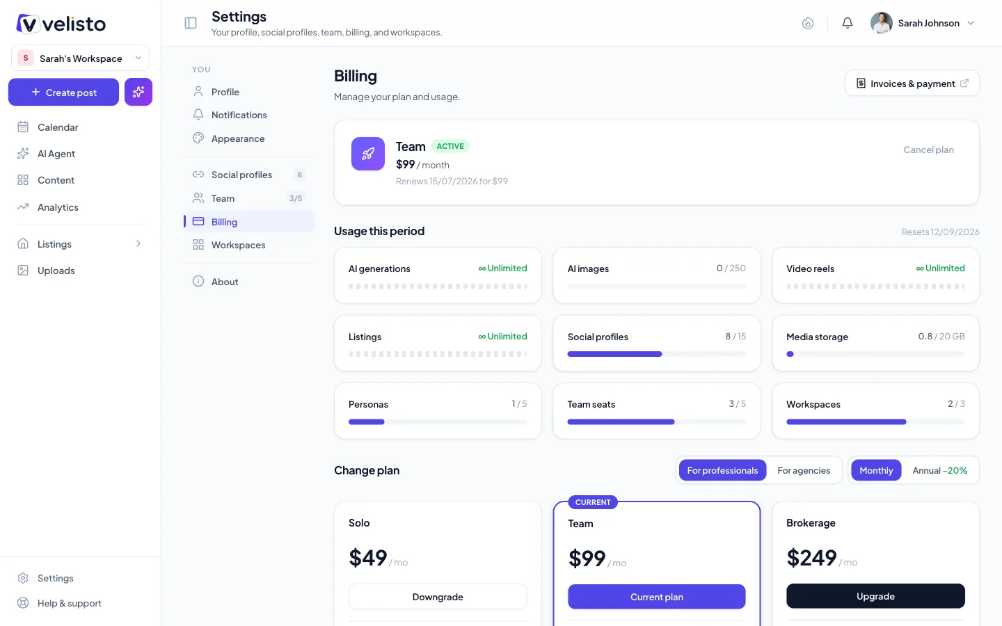 The Billing settings: current plan, usage meters for the period, and the change-plan cards