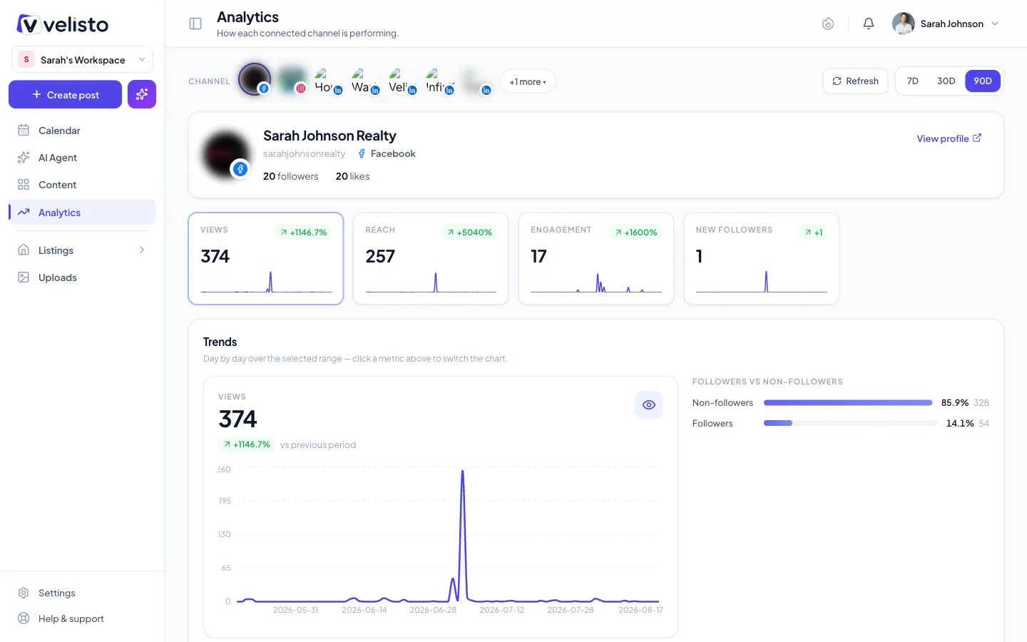 The analytics page for one channel: views, reach, engagement and new-follower tiles above a day-by-day trend chart