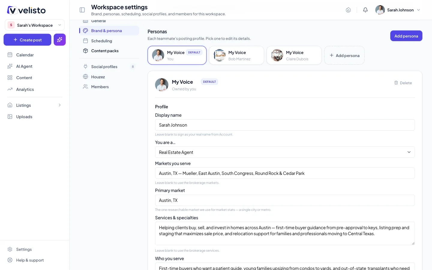 The Personas section with persona cards and the profile fields below