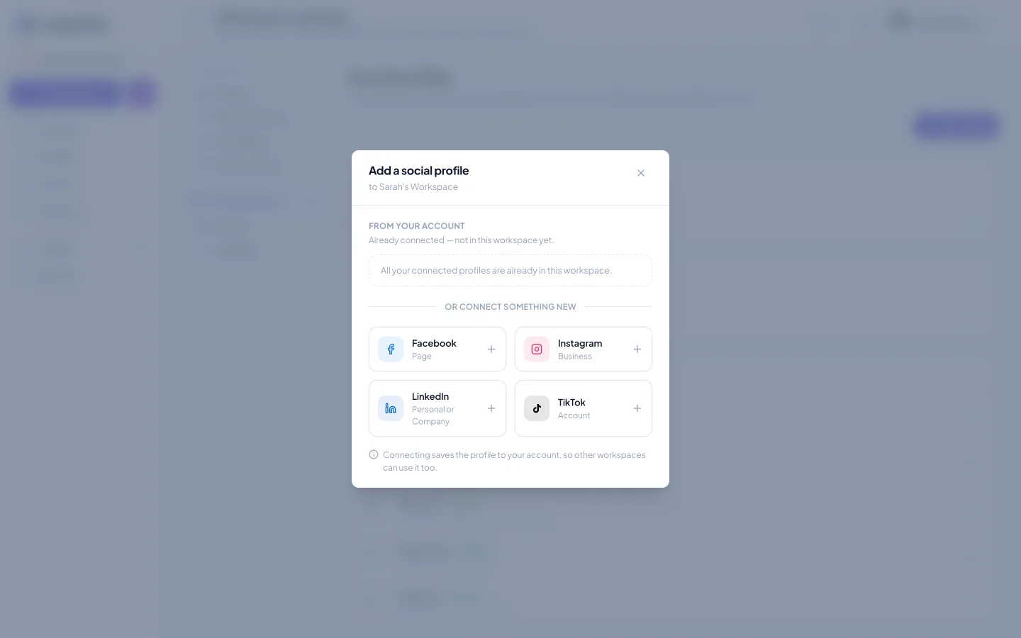 The Add a social profile modal — Facebook connects Pages you manage
