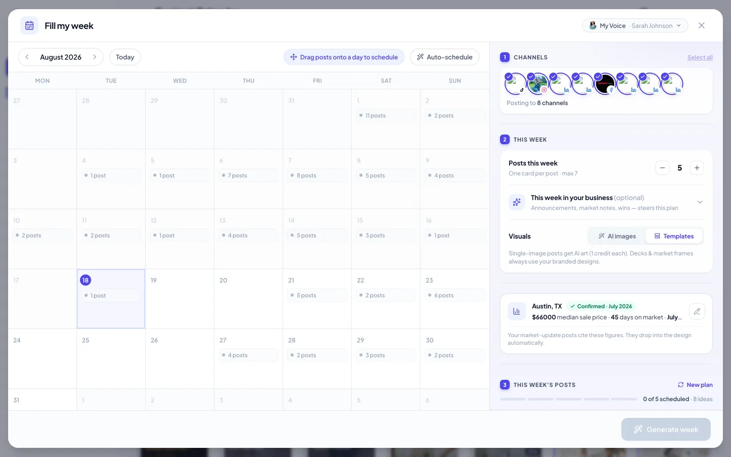 The Fill my week screen: calendar on the left; channels, posts-per-week and visual style on the right