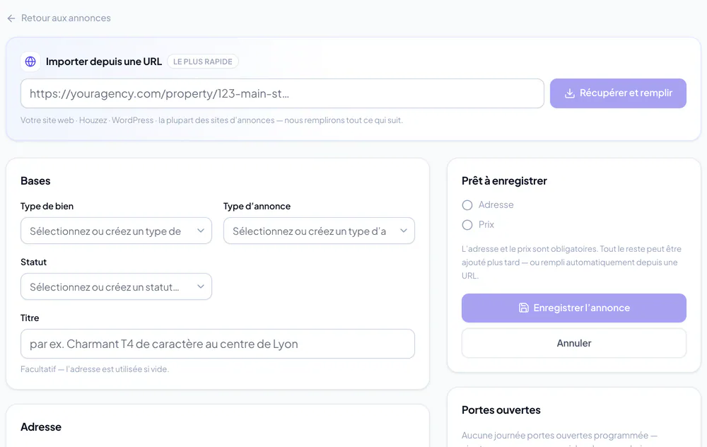 Formulaire Ajouter une annonce avec les classements du bien, l’import depuis une URL et les conditions de Prêt à enregistrer
