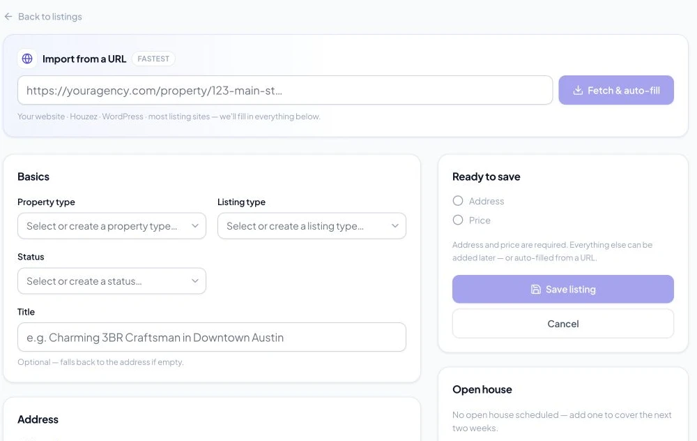 Add listing page with Import from a URL and Fetch and auto-fill above the property form