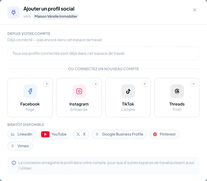 La fenêtre d’ajout de profil : Facebook connecte les Pages que vous gérez
