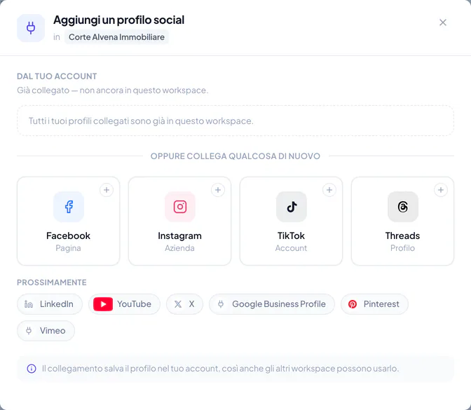 Le opzioni per collegare un profilo social