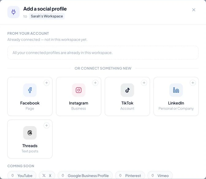 The Add a social profile dialog