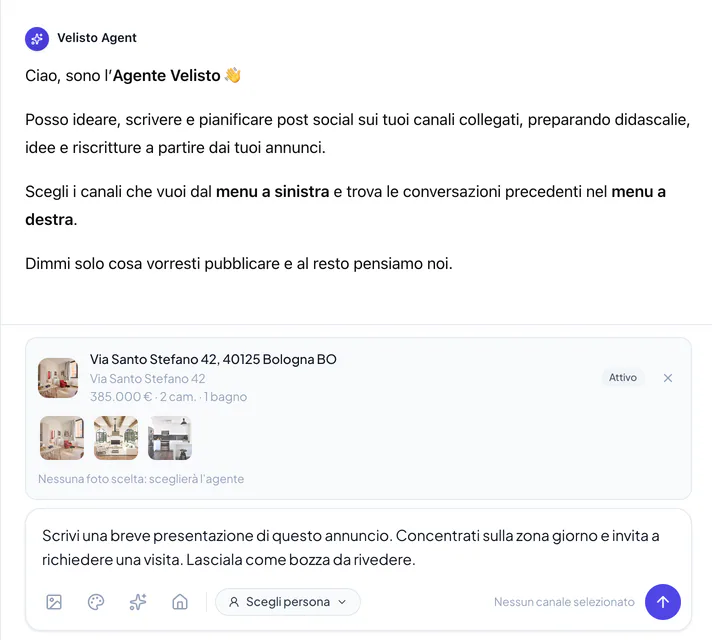 La chat dell’Agente IA con un annuncio allegato e un esempio di richiesta di bozza