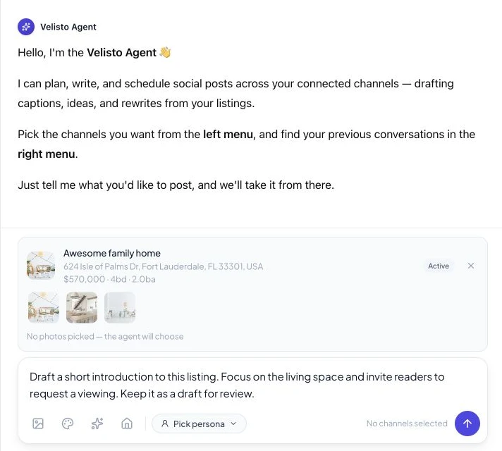 AI Agent composer with a listing attached and an example draft request
