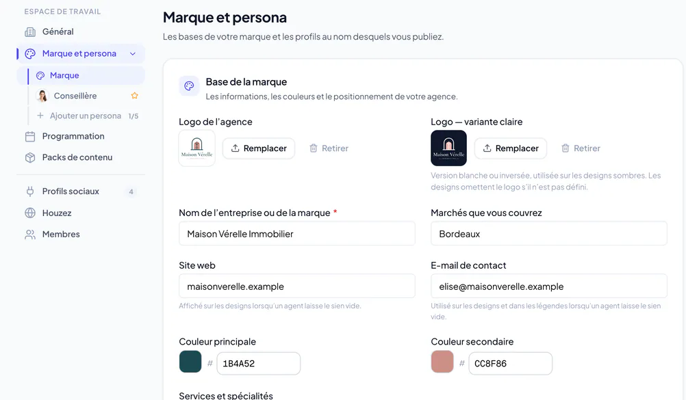 Les paramètres de marque de l’espace de travail avec les logos, les informations de l’entreprise et les couleurs
