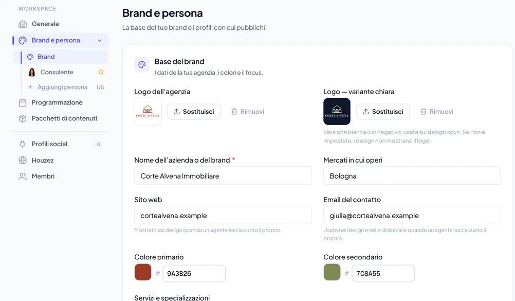 Le impostazioni del brand del workspace con loghi, dati dell’attività e colori