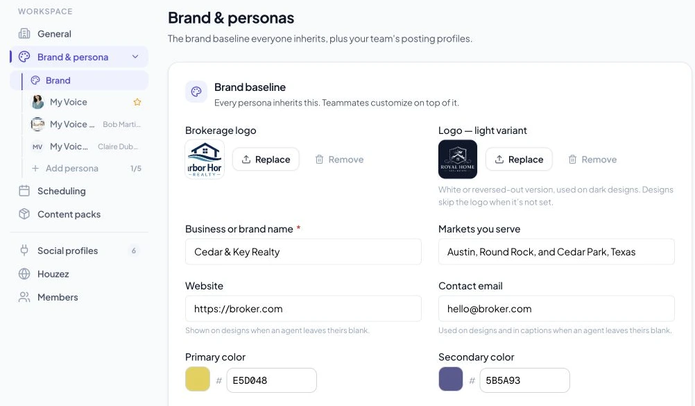 Workspace brand settings with logos, business details, and colors