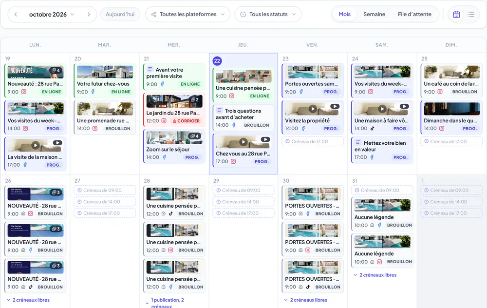 Le Calendrier de contenu avec la navigation par période, les filtres, les onglets de vue et des publications avec leur statut
