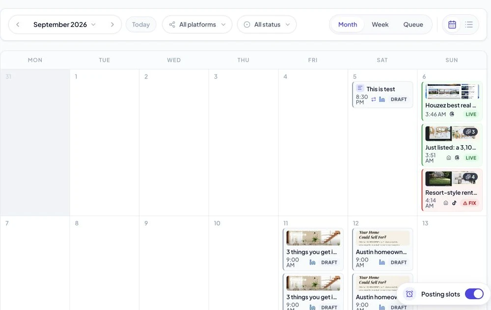 Calendar with a red Fix status beside a failed post and filters above it