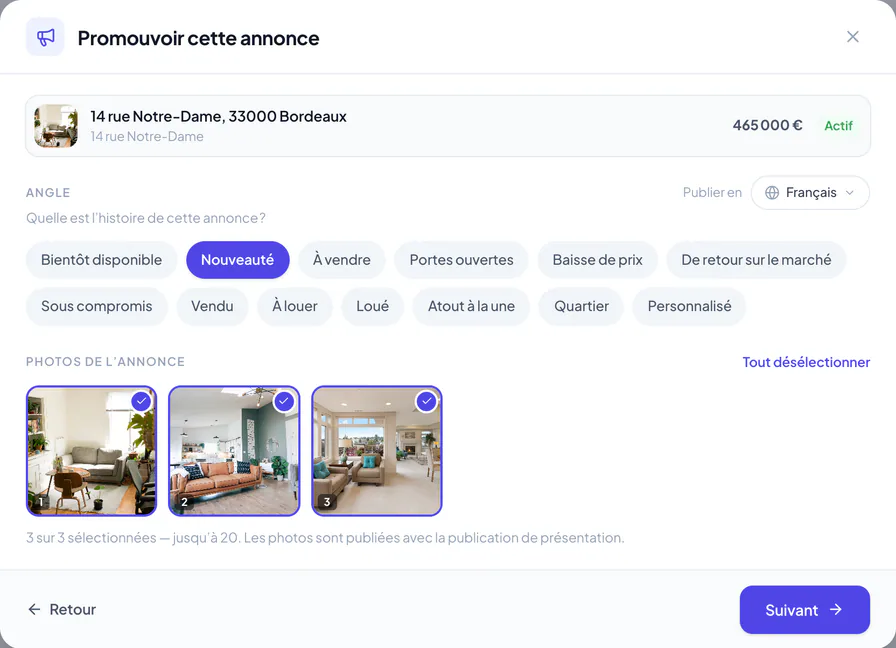 Détails de la campagne d’annonce avec Nouveauté sélectionné, trois photos du bien et le bouton Suivant