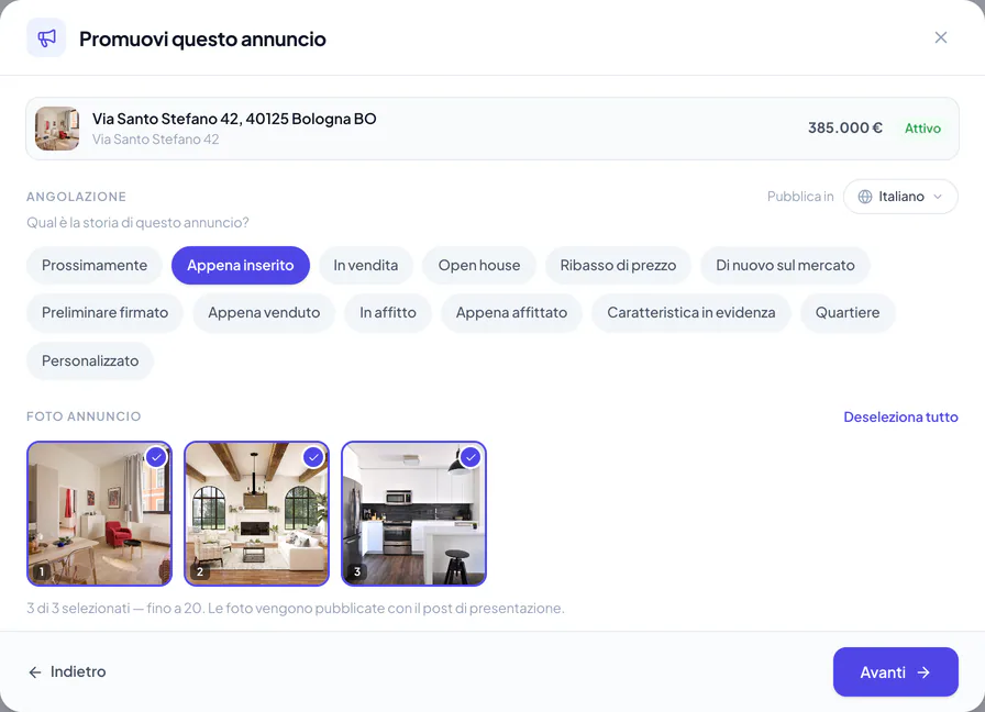 Dettagli della campagna annuncio con Appena inserito selezionato, tre foto dell’immobile e Avanti