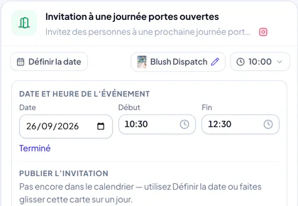 Carte portes ouvertes de la campagne avec le choix de la date de publication et des champs séparés pour la date, le début et la fin de l’événement