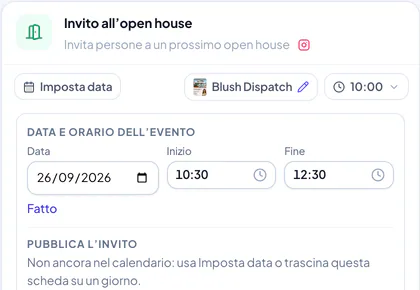 Scheda dell’open house nella campagna con un controllo per la data di pubblicazione e campi separati per data, inizio e fine dell’evento