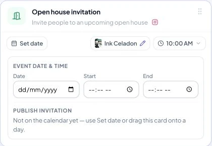 Campaign open-house card with a publication date control and separate event date, start, and end fields