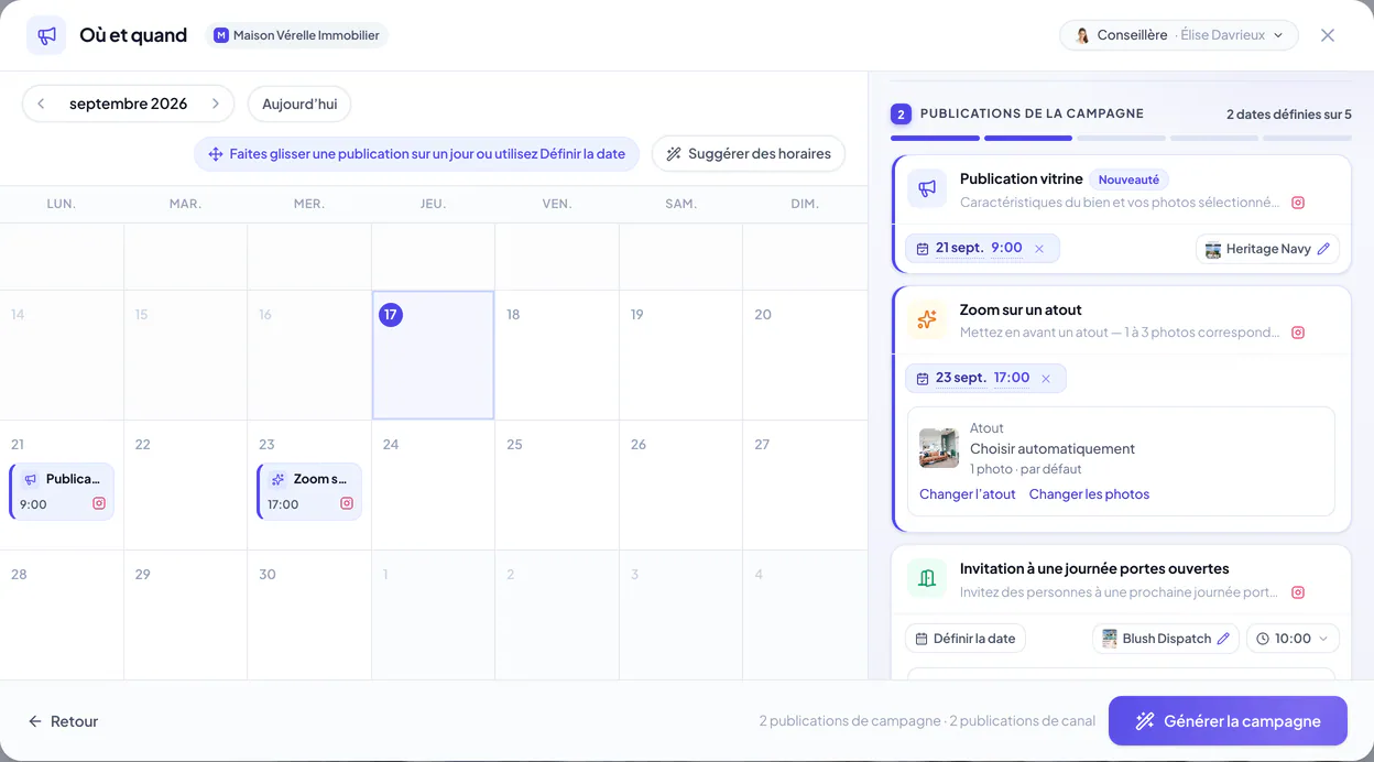 Planificateur Où et quand avec une publication vitrine le 21 septembre et un zoom sur un atout le 23 septembre