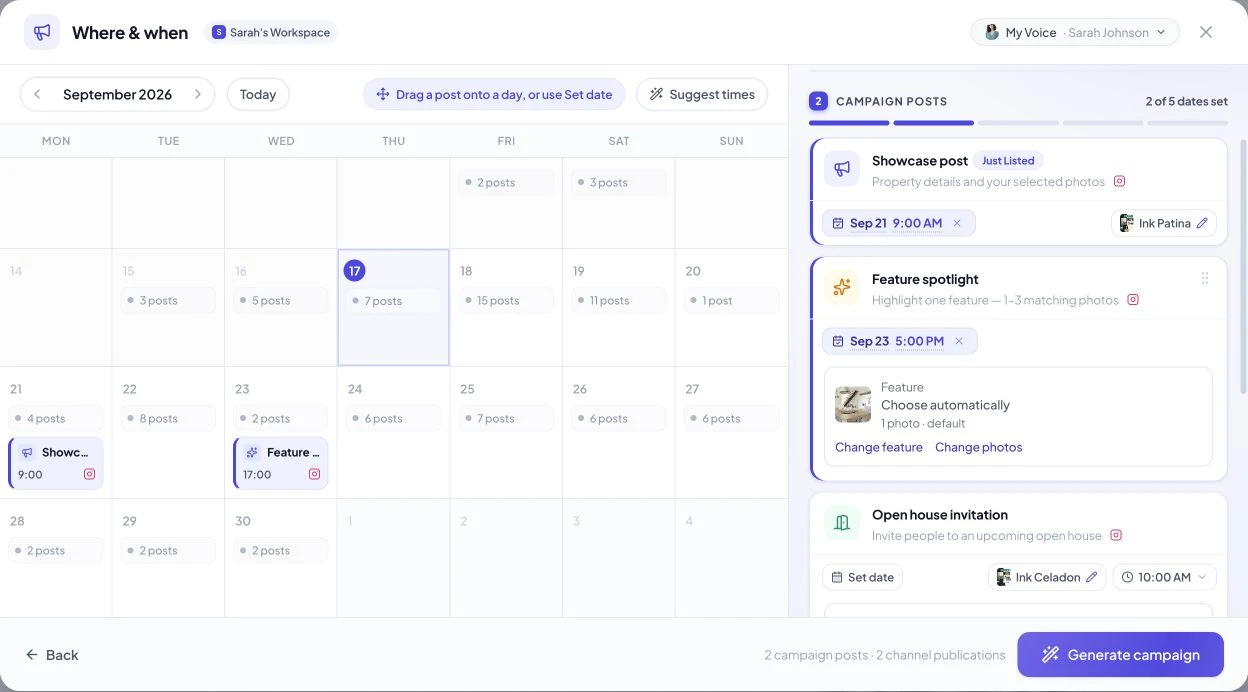 Where and when campaign planner with a showcase post on September 21 and a feature spotlight on September 23