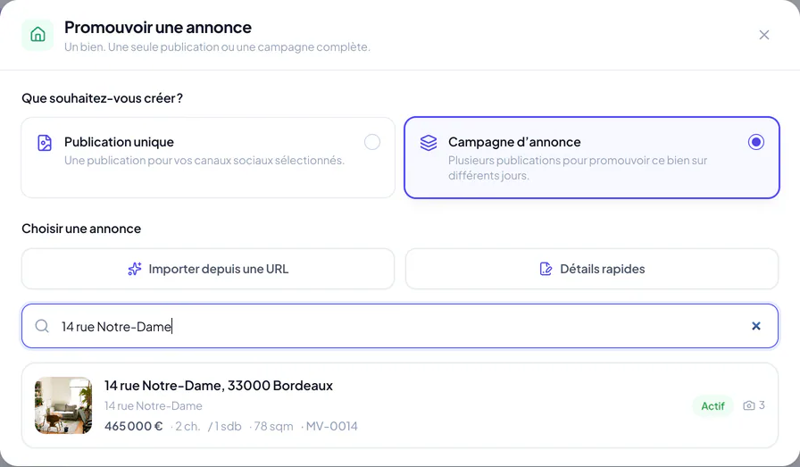 Fenêtre Promouvoir une annonce avec Campagne d’annonce sélectionnée et un bien trouvé par la recherche