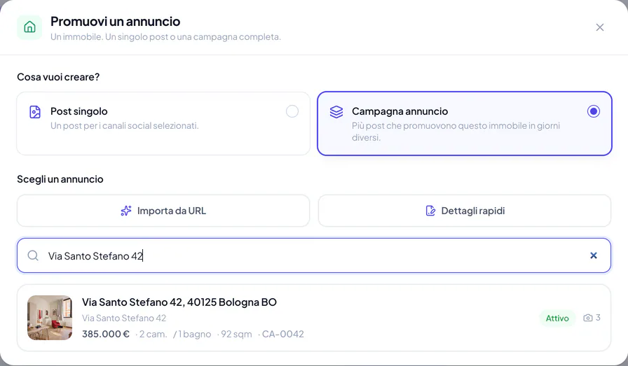 Finestra Promuovi un annuncio con Campagna annuncio selezionata e un immobile trovato nella ricerca