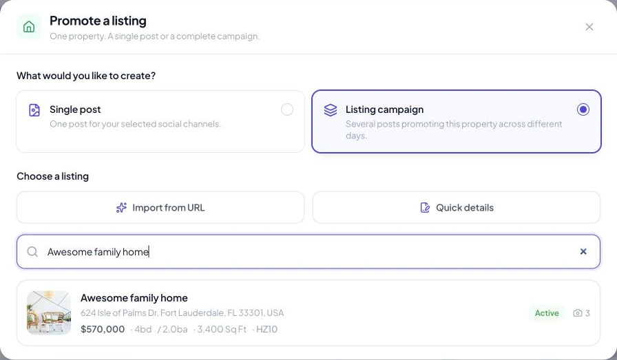 Promote a listing dialog with Listing campaign selected and a matching property search result