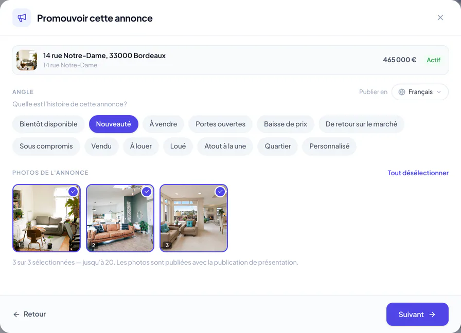 Configuration de la promotion d’une annonce avec l’angle marketing et les photos sélectionnées du bien