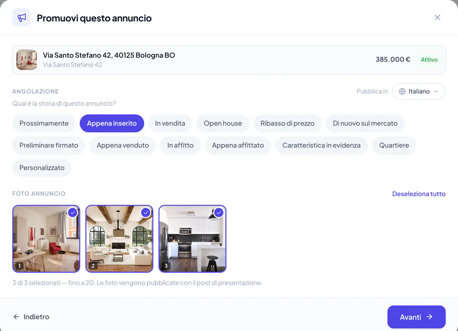 Impostazione della promozione dell’annuncio con l’angolazione di marketing e le foto dell’immobile selezionate
