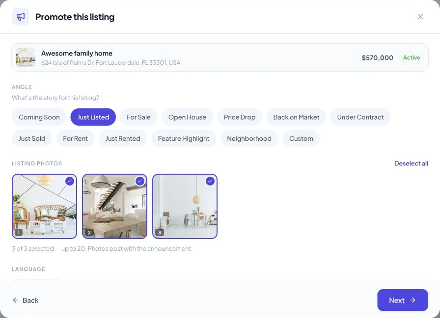 Listing promotion setup showing the marketing angle and selected property photos