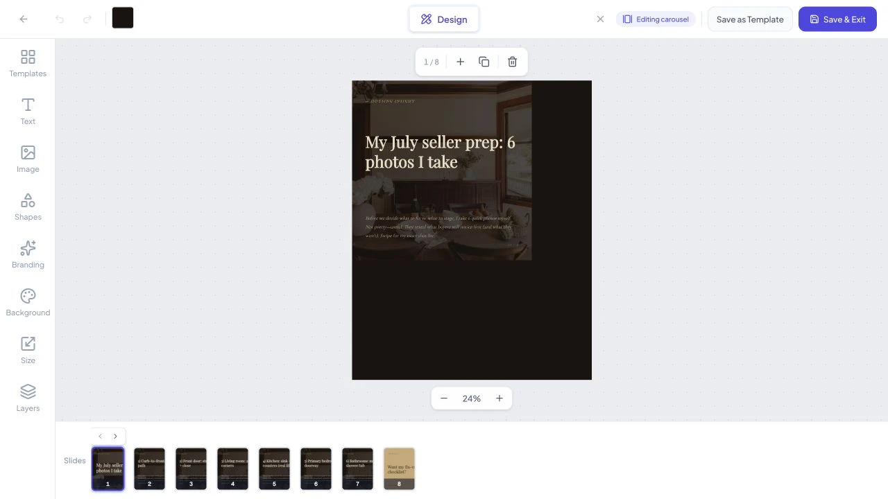 Carousel editor with slide thumbnails, slide actions, and Save and Exit