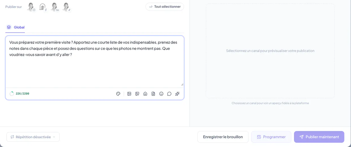 L’éditeur de publication avec le bouton Répétition désactivée à côté des actions de brouillon et de programmation