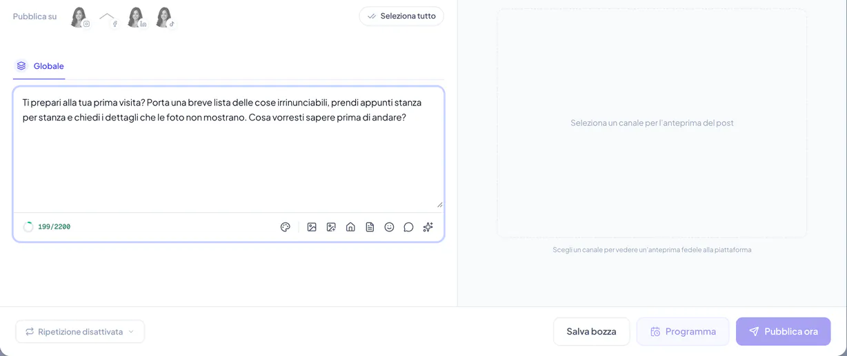 Editor dei post con il controllo Ripetizione disattivata accanto alle azioni per la bozza e la programmazione