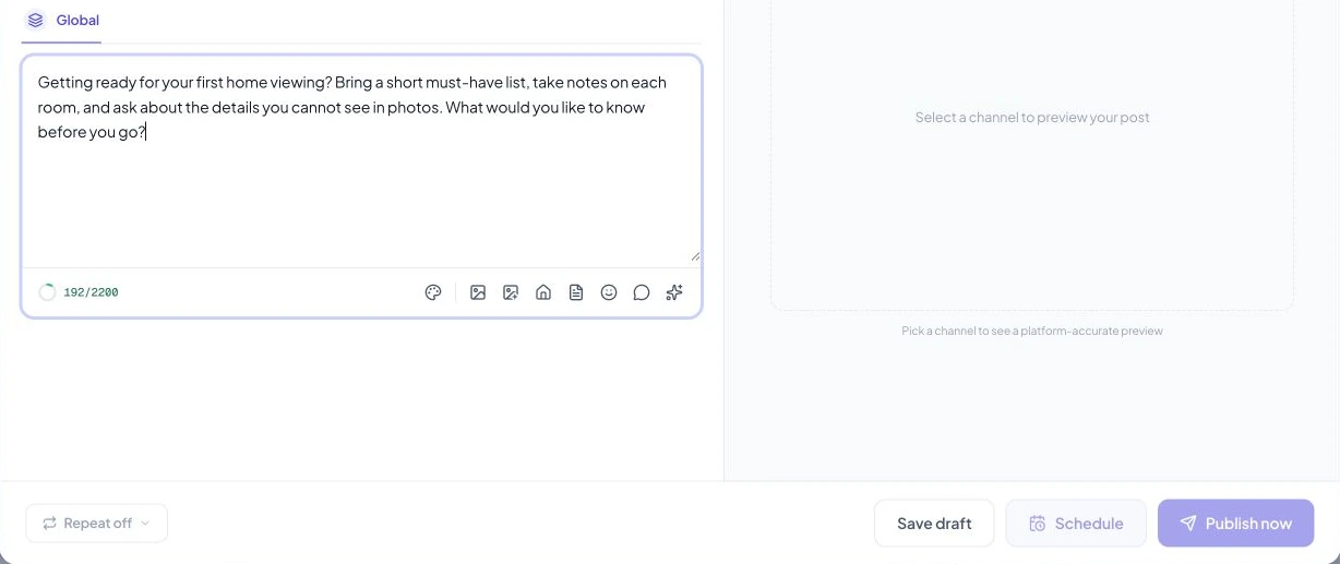Post composer showing profile selection and the caption editing area