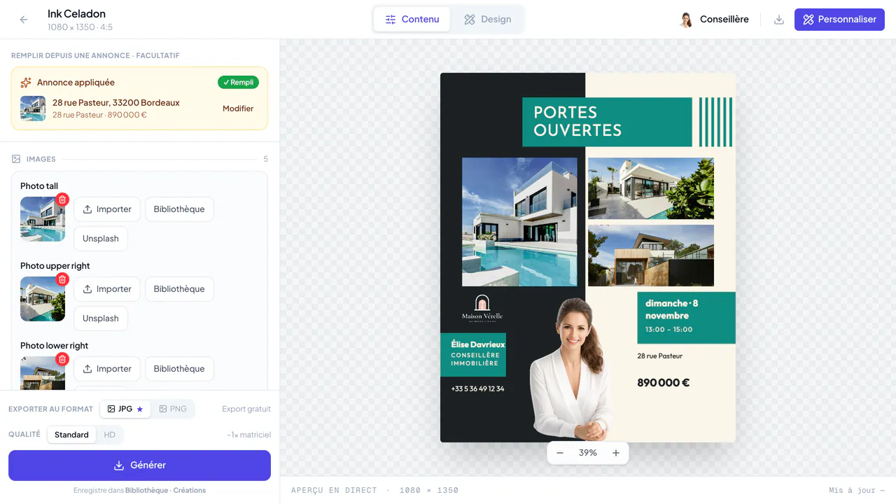Le mode Contenu avec les emplacements d’image, l’aperçu en direct d’un design portes ouvertes et les boutons Générer