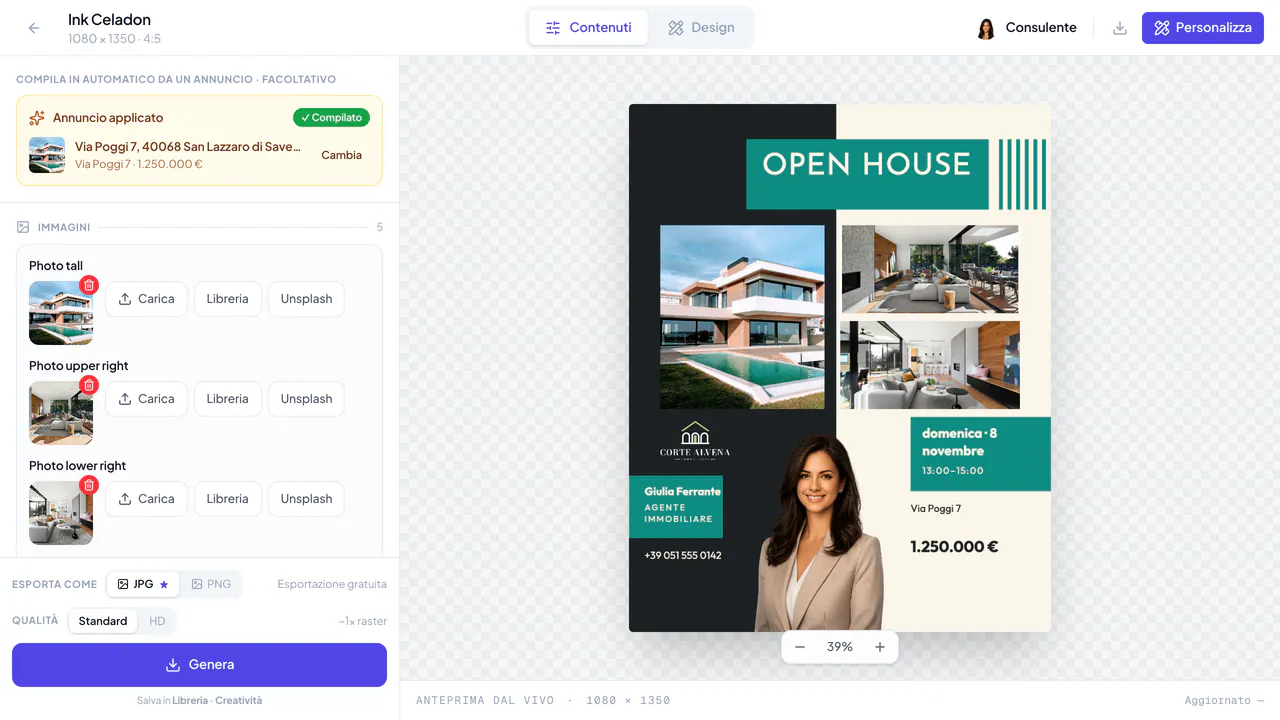 Editor dei contenuti con Esporta come, Qualità e Genera sotto i campi del modello