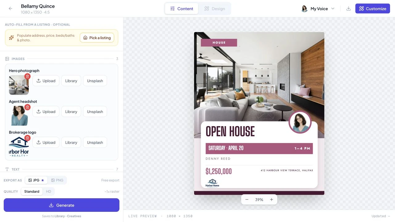 Content mode with image slots, a live open-house design preview, and Generate controls
