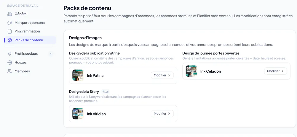 Réglages Packs de contenu avec les designs par défaut de la publication vitrine, des portes ouvertes et de la story
