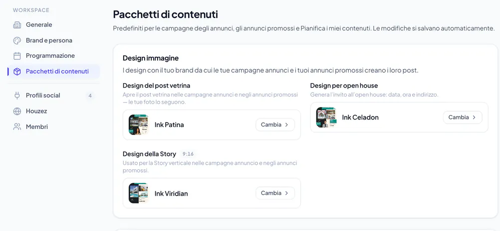 Impostazioni Pacchetti di contenuti con i design predefiniti per post vetrina, open house e story