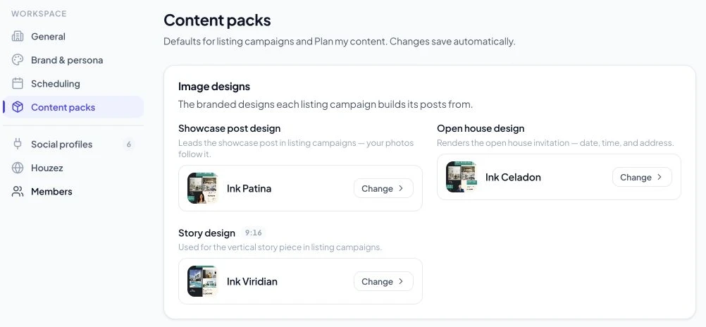 Content packs settings with showcase, open-house, and story design defaults