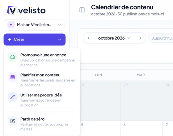 La barre latérale de Velisto avec le menu Créer ouvert