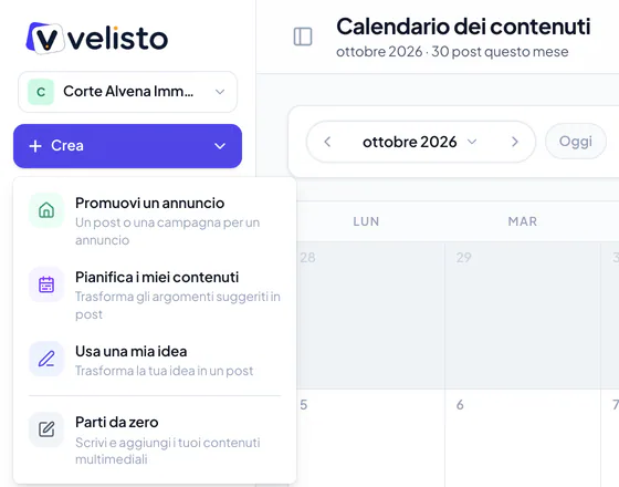 Le quattro opzioni dell’attuale menu Crea