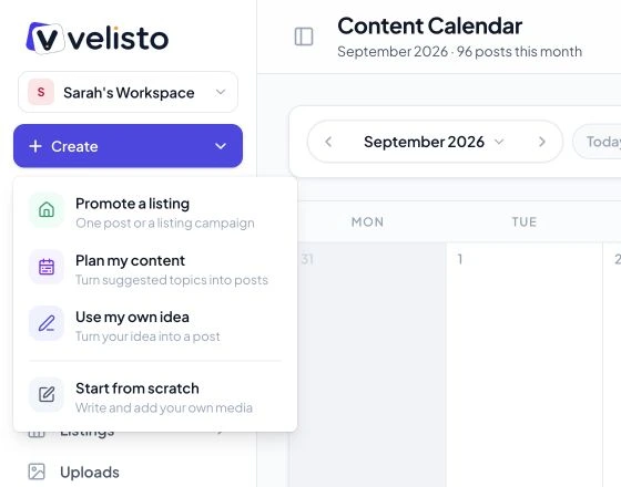 Four options in the current Create menu
