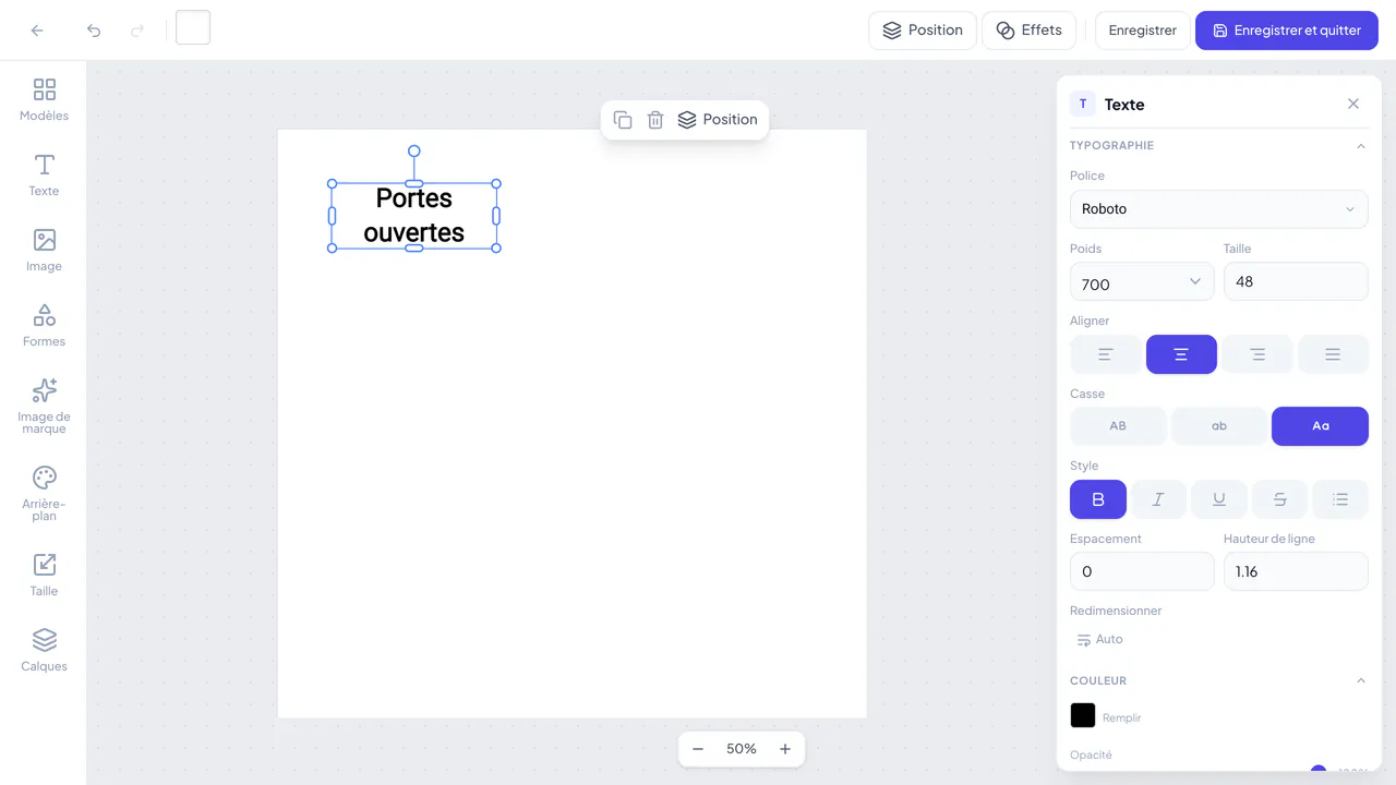 L’éditeur de design avec les outils du panneau de gauche, le canevas et les boutons d’enregistrement