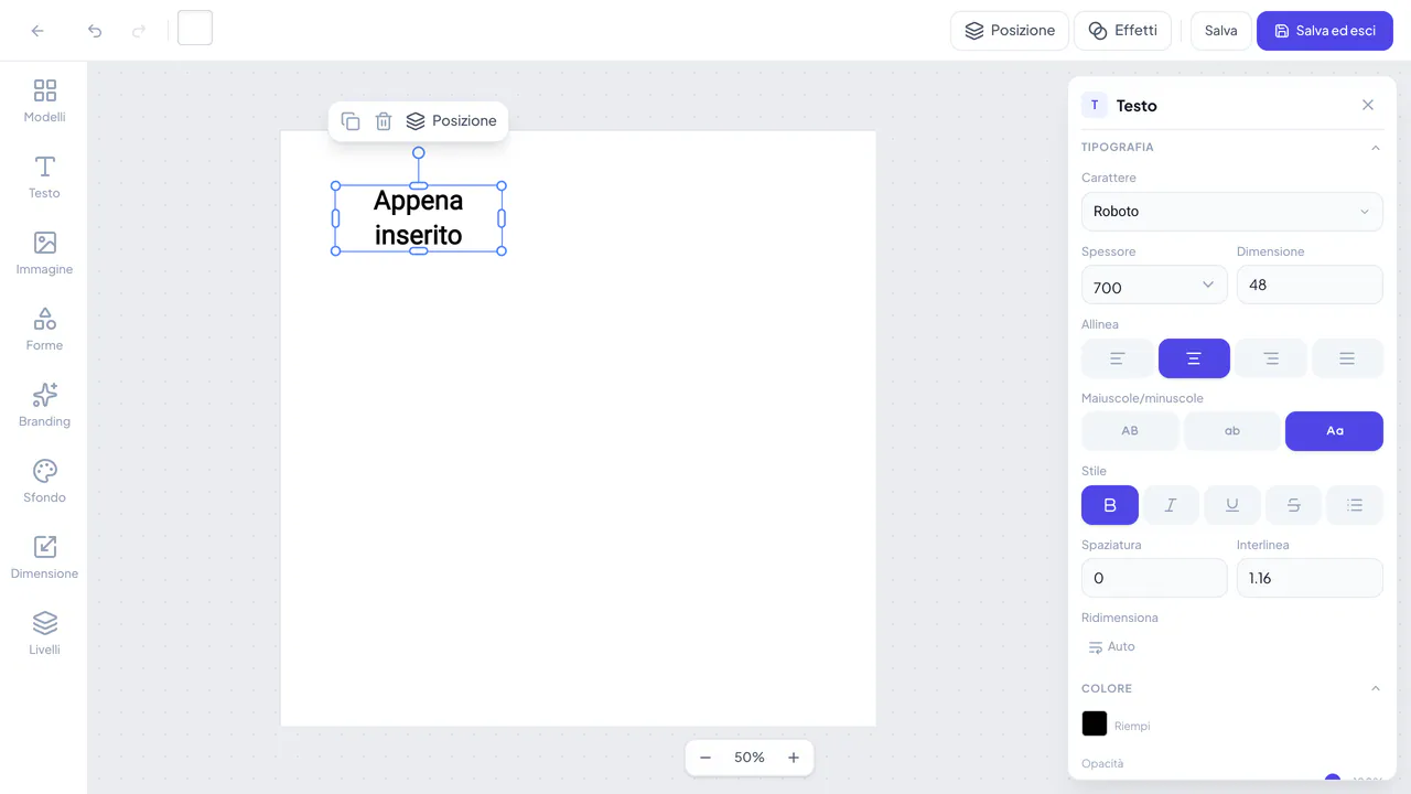 Editor di design con gli strumenti del pannello sinistro, la tela e i comandi di salvataggio