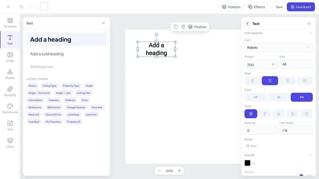Design editor with its left panel tools, canvas, and save controls