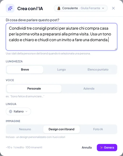 La schermata per creare un post da una tua idea