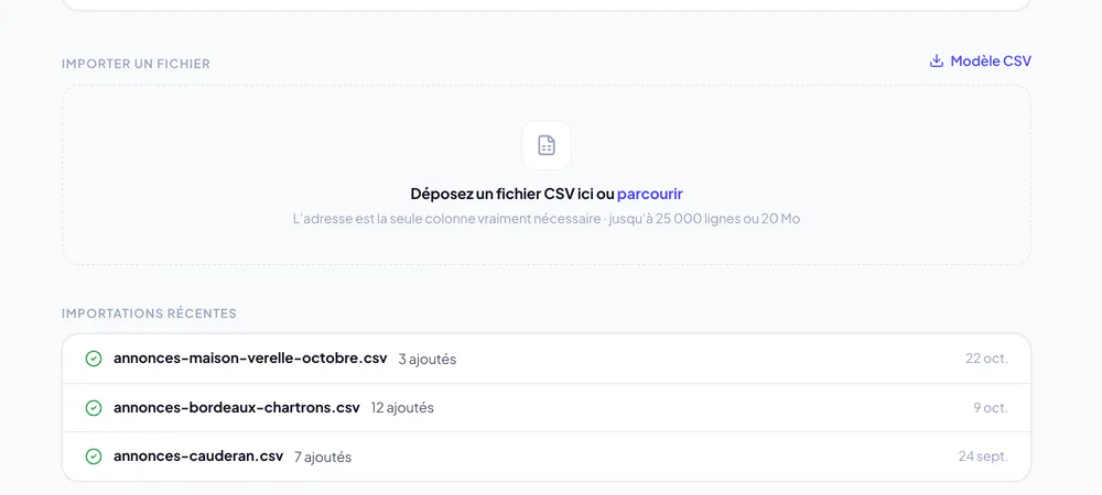 Page Importer des annonces avec le téléchargement du modèle CSV et la zone d’import du fichier CSV