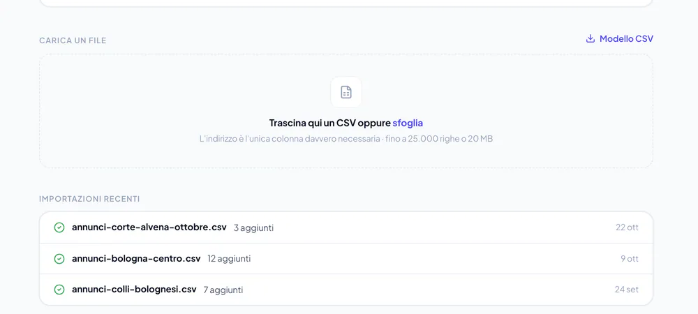 Pagina Importa degli annunci con il download del modello CSV e l’area di caricamento del CSV