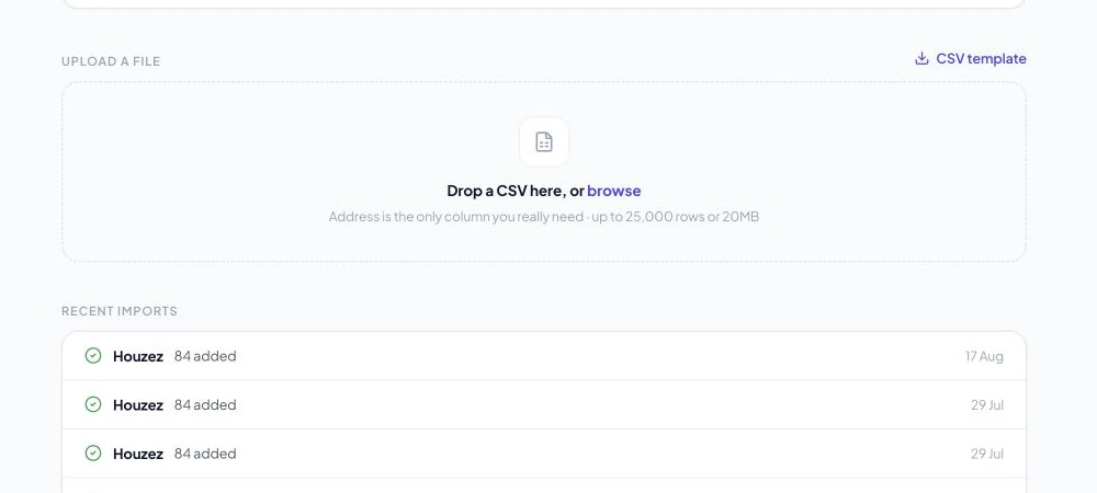 Listings Import page with the CSV template download and CSV upload area